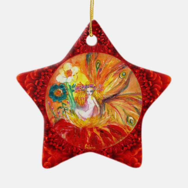 FAIRY OF THE RED FLOWERS  Fantasy Star Ceramic Ornament (Front)