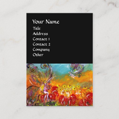 FAIRY OF THE RED FLOWERS Floral Fantasy Black Business Card