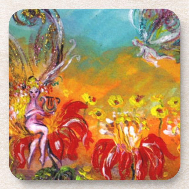 FAIRY OF THE RED FLOWERS Floral Fantasy Drink Coaster (Front)