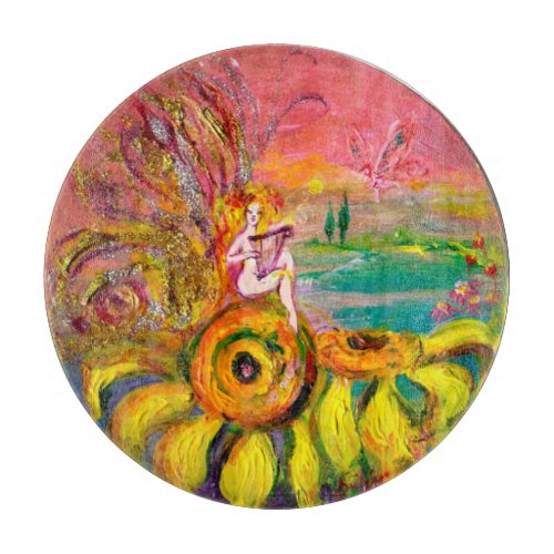 FAIRY OF THE SUNFLOWERS Fantasy Floral Yellow Pink Cutting Board