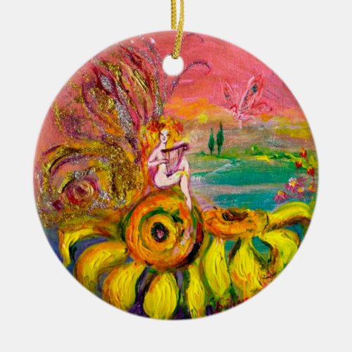 FAIRY OF THE SUNFLOWERS  VIBRANT GREEN EMERALD CERAMIC ORNAMENT