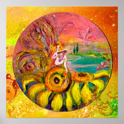FAIRY OF THE SUNFLOWERS yellow orange pink sparkle Poster