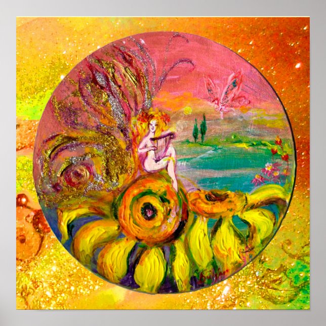 FAIRY OF THE SUNFLOWERS yellow orange pink sparkle Poster (Front)