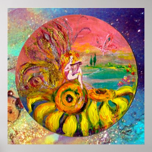 FAIRY OF THE SUNFLOWERS yellow orange pink sparkle Poster