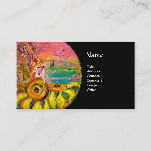 FAIRY OF THE SUNFLOWERS yellow pink black Business Card (Front)
