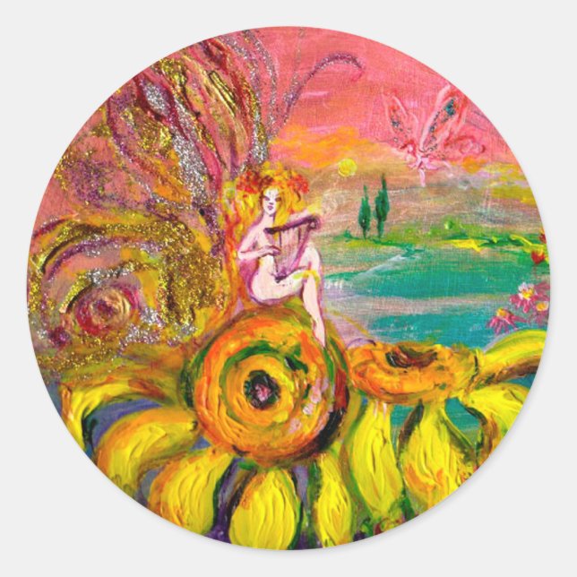 FAIRY OF THE SUNFLOWERS yellow pink black Classic Round Sticker (Front)