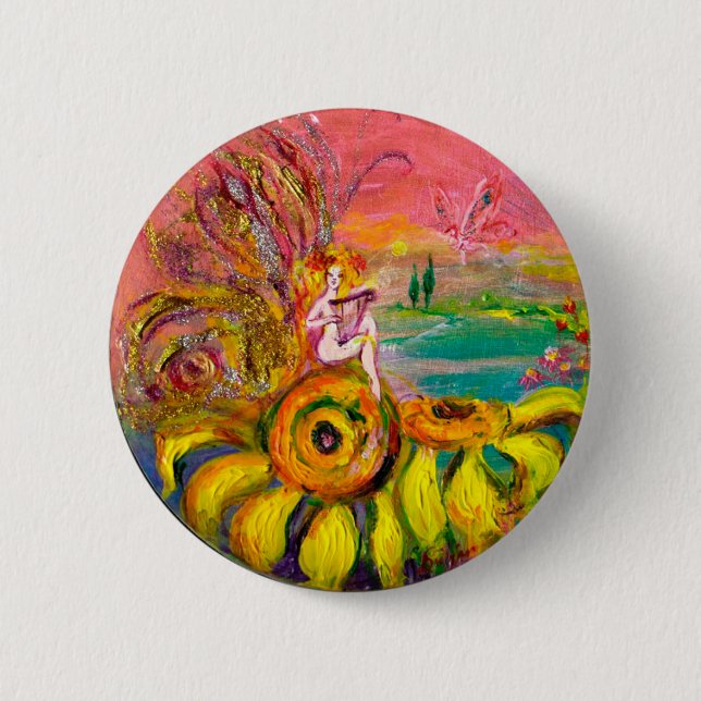 FAIRY OF THE SUNFLOWERS yellow pink black Pinback Button (Front)