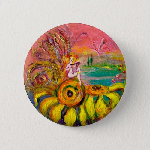 FAIRY OF THE SUNFLOWERS yellow pink black Pinback Button