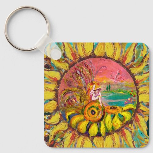 FAIRY OF THE SUNFLOWERS Yellow Pink Blue Fantasy Keychain