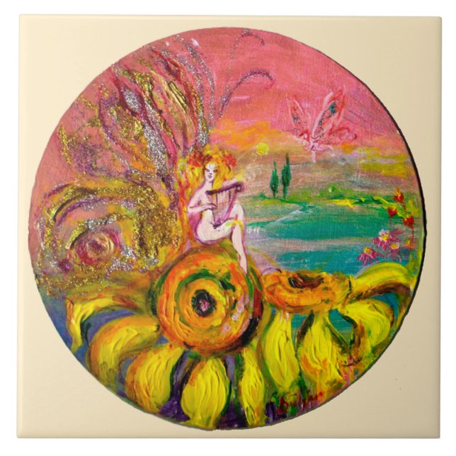 FAIRY OF THE SUNFLOWERS yellow pink ivory Ceramic Tile (Front)