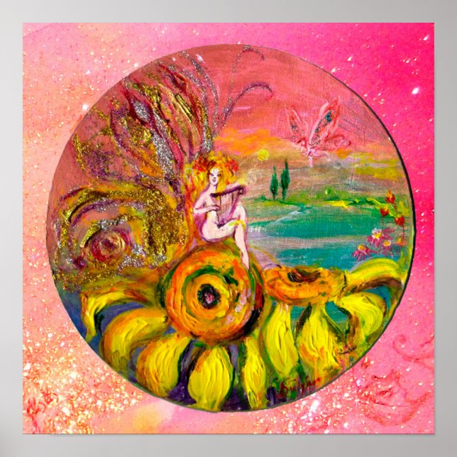 FAIRY OF THE SUNFLOWERS yellow pink sparkles Poster (Front)