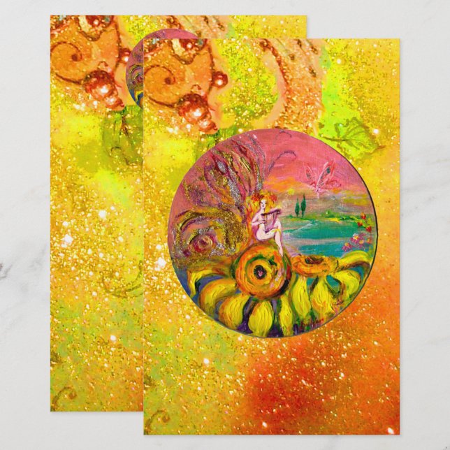 FAIRY OF THE SUNFLOWERS Yellow Red Brown Floral Stationery (Front/Back)