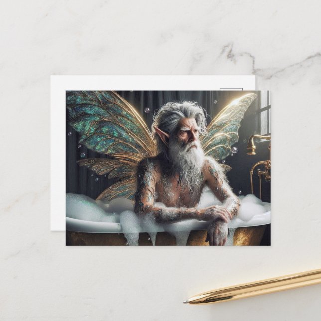 Fairy Old Man Takes a Bubble Bath Postcard (Front/Back In Situ)