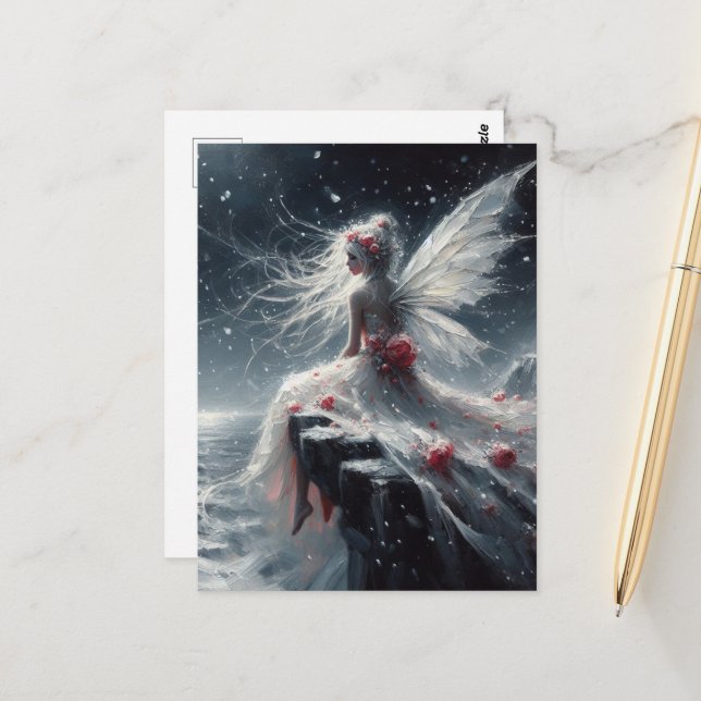 Fairy on a Seaside cliff at Night in White Dress Postcard (Front/Back In Situ)