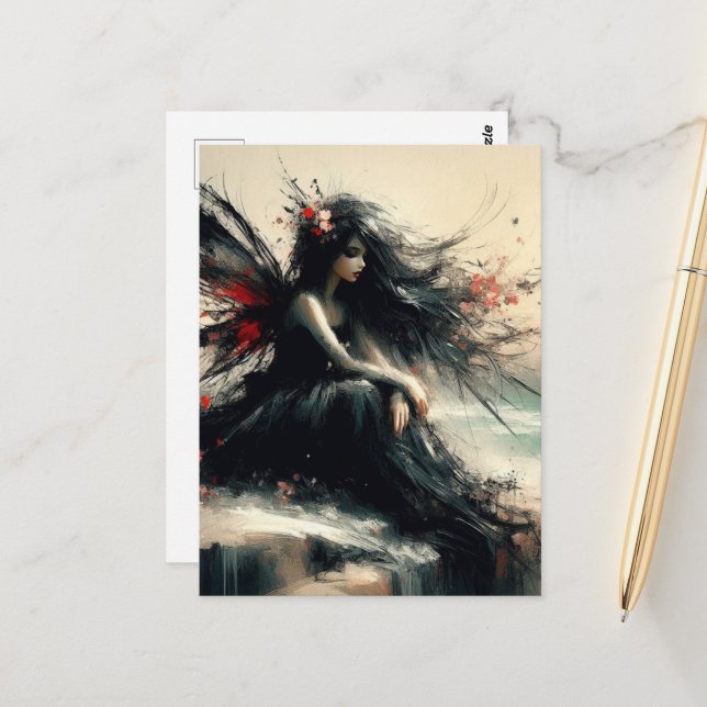 Fairy on a Seaside cliff  in Black Dress Postcard (Front/Back In Situ)