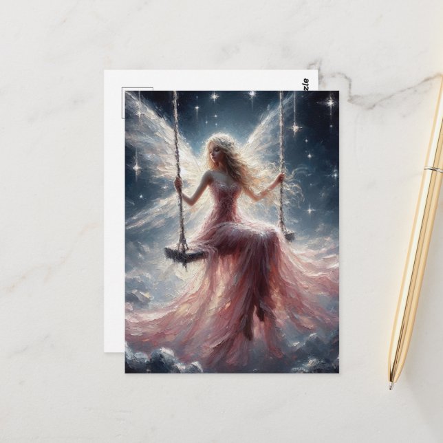 Fairy on a Swing in a Pink Dress Postcard (Front/Back In Situ)