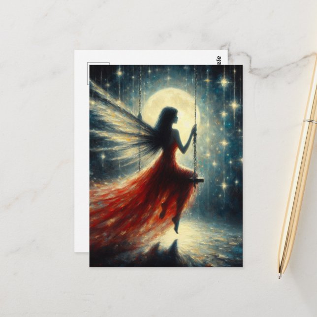 Fairy on a Swing in a Red Dress Postcard (Front/Back In Situ)