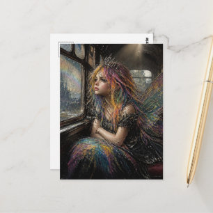 Fairy on a Vintage Train Postcard
