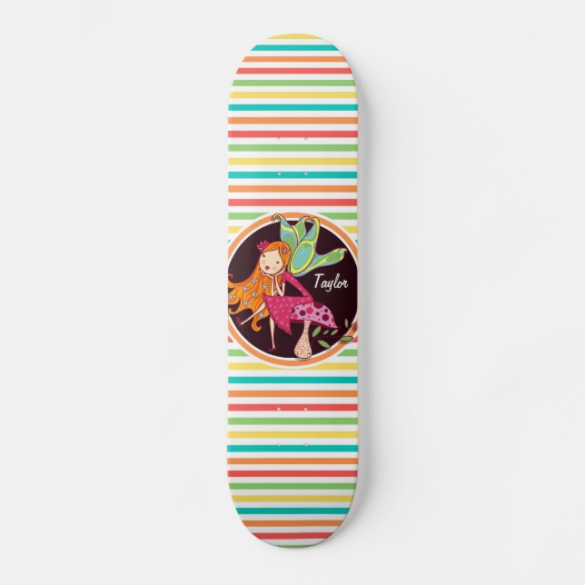Fairy on Bright Rainbow Stripes Skateboard Deck (Front)