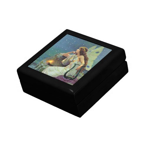 Fairy on Cliff Under Stars With Harp Keepsake Box