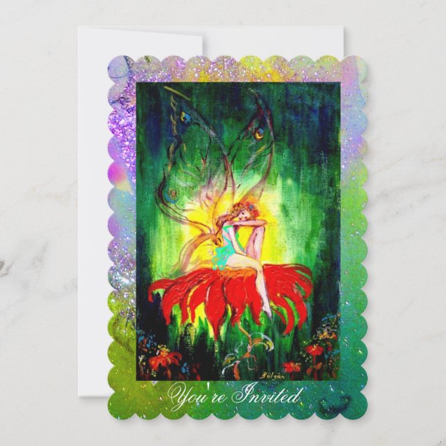 FAIRY ON RED FLOWER Purple Yellow Green Sparkles Invitation (Front)