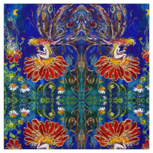 FAIRY ON THE RED FLOWER IN THE NIGHT Blue Green Fabric