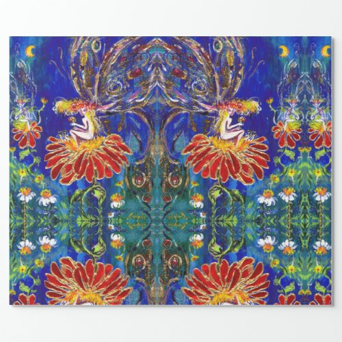 FAIRY ON THE RED FLOWER IN THE NIGHT Blue Green Wrapping Paper