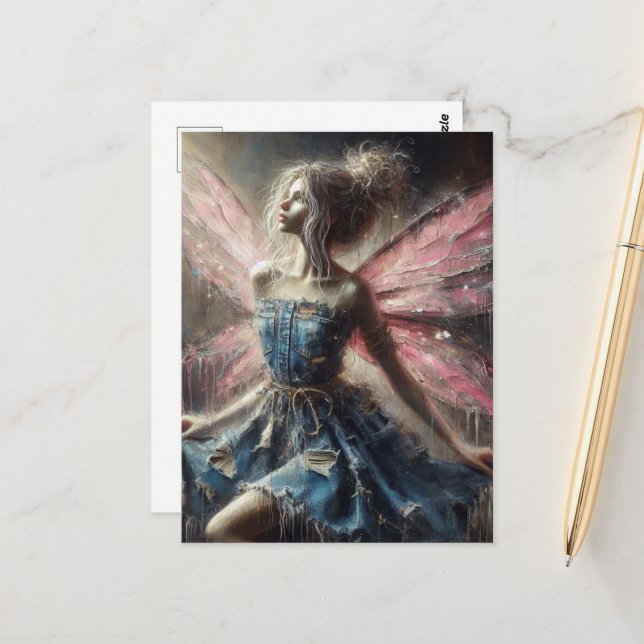 Fairy Patchwork Denim Dress Pink Wings Postcard (Front/Back In Situ)