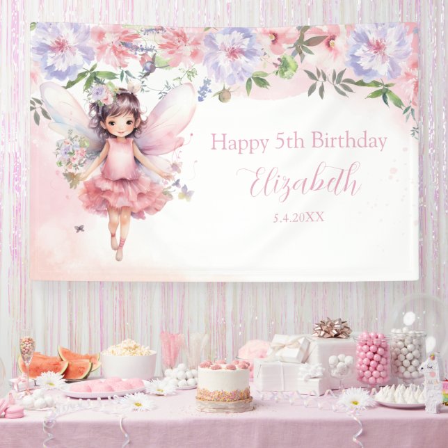 Fairy pink forest Happy Birthday  backdrop banner (Party)