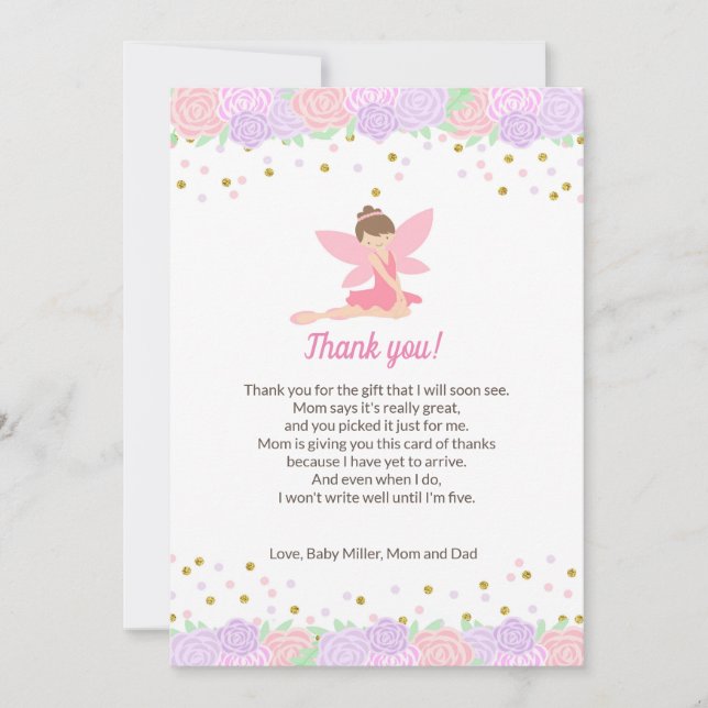 Fairy Pink Gold Baby Shower Thank You Card (Front)