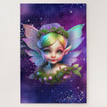 Fairy pixie kids birthday puzzle<br><div class="desc">A beautiful illustration of a light skinned pixie fairy princess looking directly at you. She has sharp pointed ears and short blonde hair. Her iridescent wings are open wide against a dark lapis purple glitter shimmer background. This puzzle is ideal for both kids and adults alike. They are great stocking...</div>