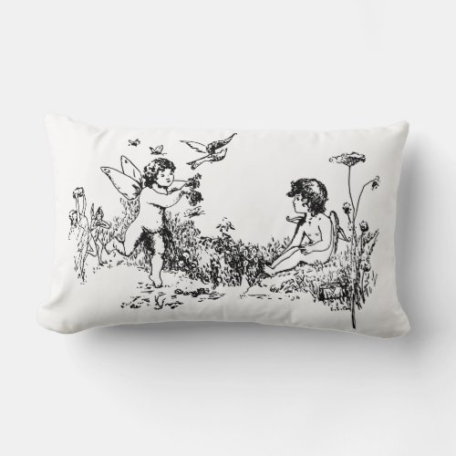 Fairy Playing with Cupid in Garden Sketch Lumbar Pillow