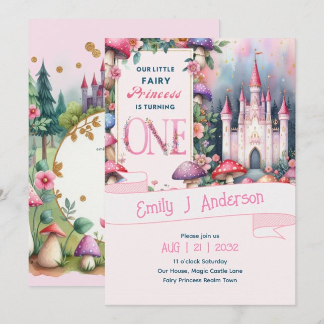 Fairy Princess 1st Birthday ONE Pink Fairycore Invitation (Front/Back)