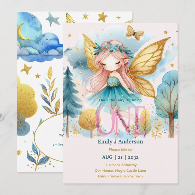 Fairy Princess 1st Birthday ONE Pink Fairycore Invitation (Front/Back)