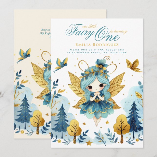 Fairy Princess 1st Birthday or EDIT AGE Teal Gold Invitation (Front/Back)
