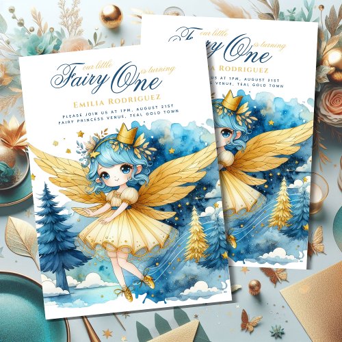 Fairy Princess 1st Birthday or EDIT AGE Teal Gold Invitation