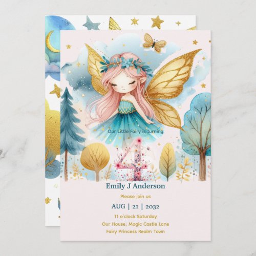 Fairy Princess 4TH Birthday FOUR Pink Fairycore Invitation