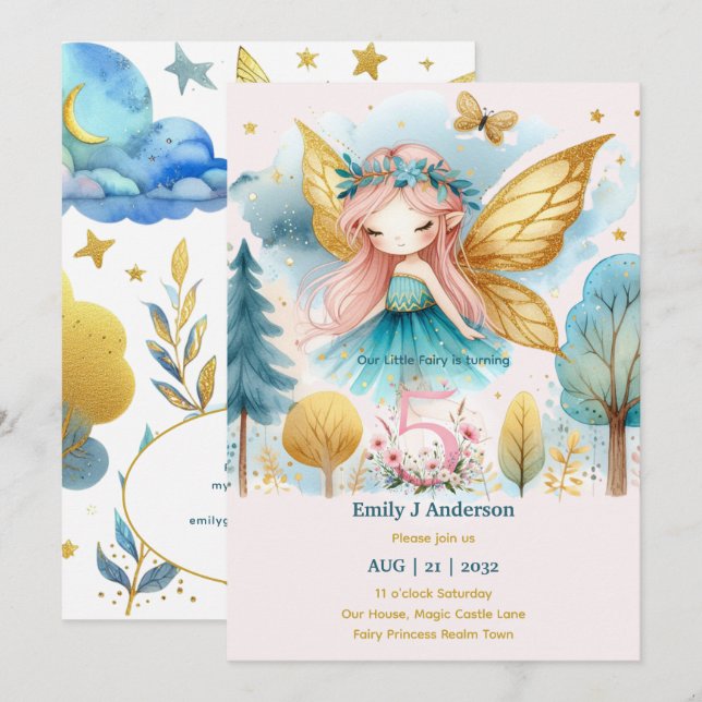 Fairy Princess 5TH Birthday FIVE Pink Fairycore Invitation (Front/Back)