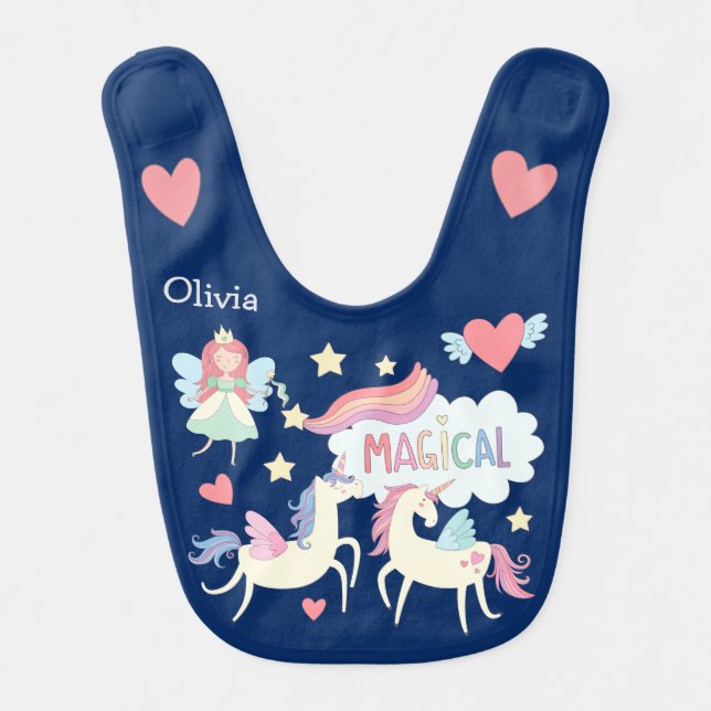 Fairy Princess and Unicorn Personalized Baby Bib (Front)