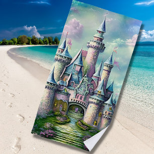 Fairy Princess Castle Mauve Pink Green     Beach Towel