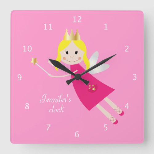 Fairy Princess custom girls name pink Square Wall Clock