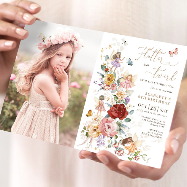 Fairy Princess Flower Garden Girls Birthday Photo Invitation