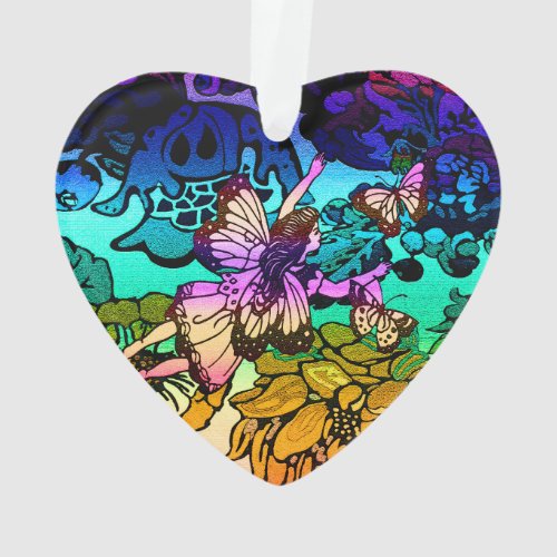 Fairy Princess Flying with Butterflies in a Rainbo Ornament