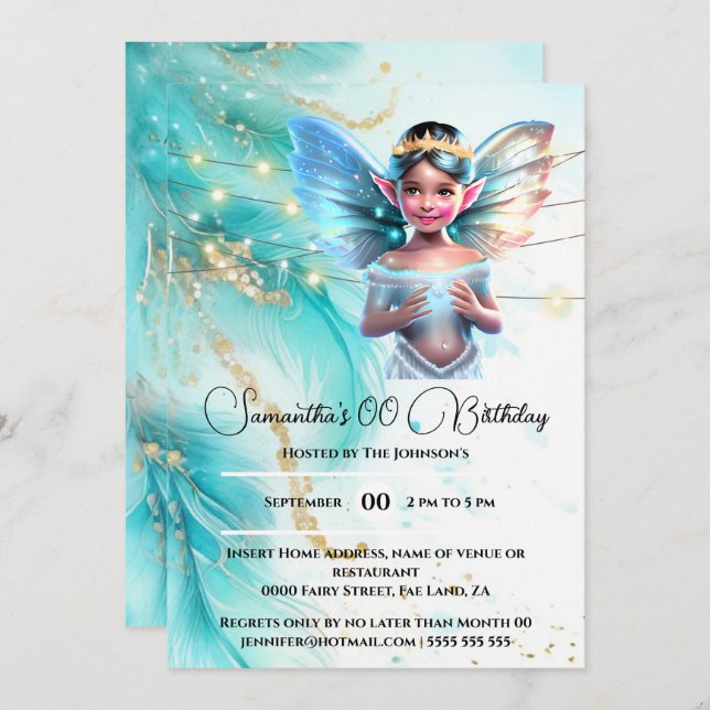 Fairy princess girls birthday theme party invitation (Front/Back)