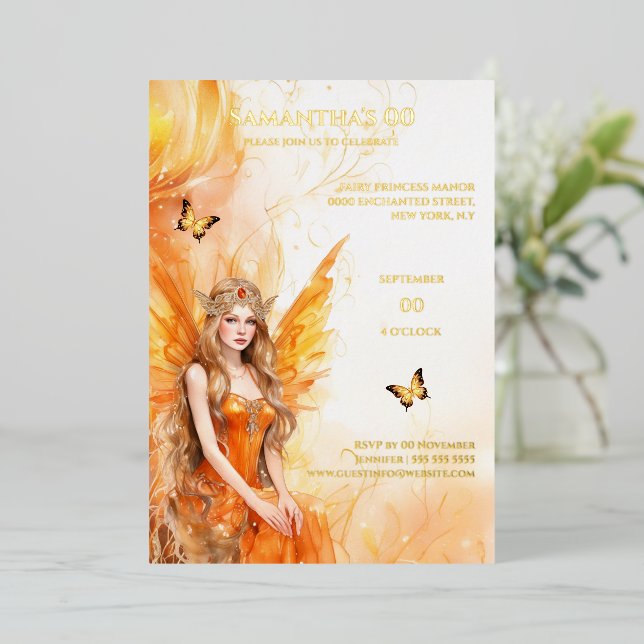 Fairy princess gold orange mythical fairytale foil invitation (Standing Front)