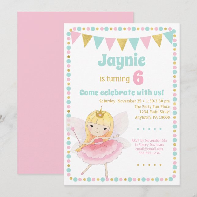 Fairy Princess Invitation Blonde Birthday Party (Front/Back)
