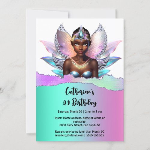 Fairy princess melanin  iridescent magical wings invitation