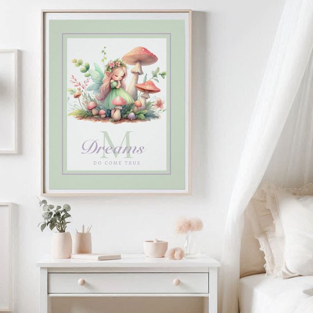 Fairy Princess Mushroom Garden Inspirational Poster (enchanted garden fairy princess tea mushrooms garden nursery kids decor personalized monogram cute)
