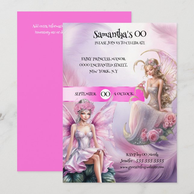 Fairy princess mythical pink fairytale theme girls invitation (Front/Back)
