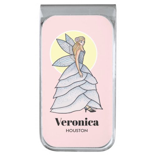 Fairy Princess Petal Dress Fashion Illustration Silver Finish Money Clip